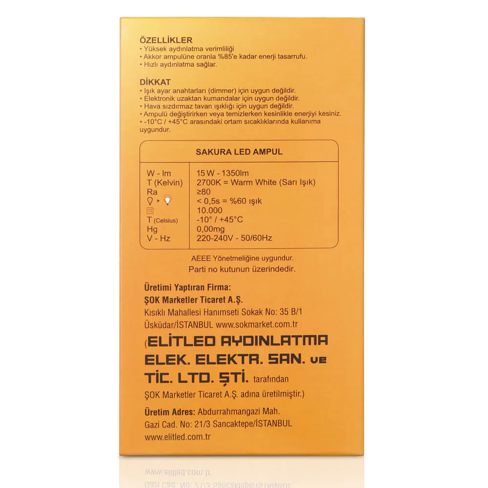 Sakura Led Ampül Sarı Işık 15w